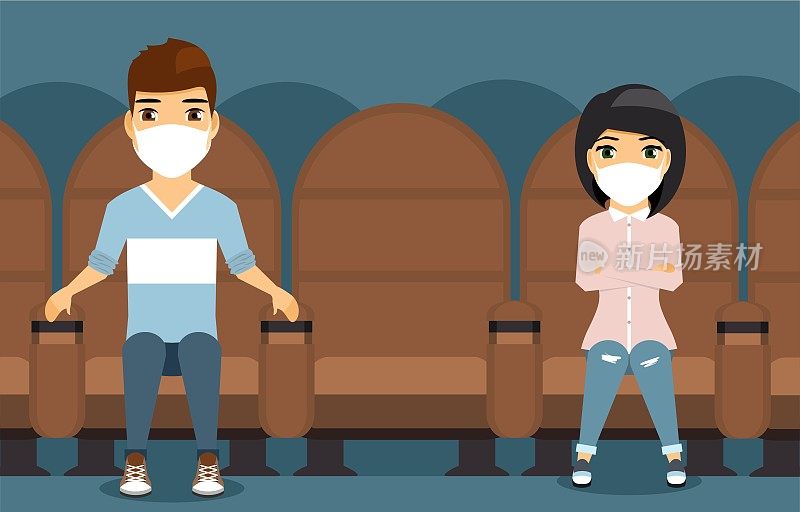 一对年轻夫妇正在电影院看电影。男孩和女孩戴着面具，并保持距离。检疫措施。矢量插图在一个平坦的风格。卡通。
