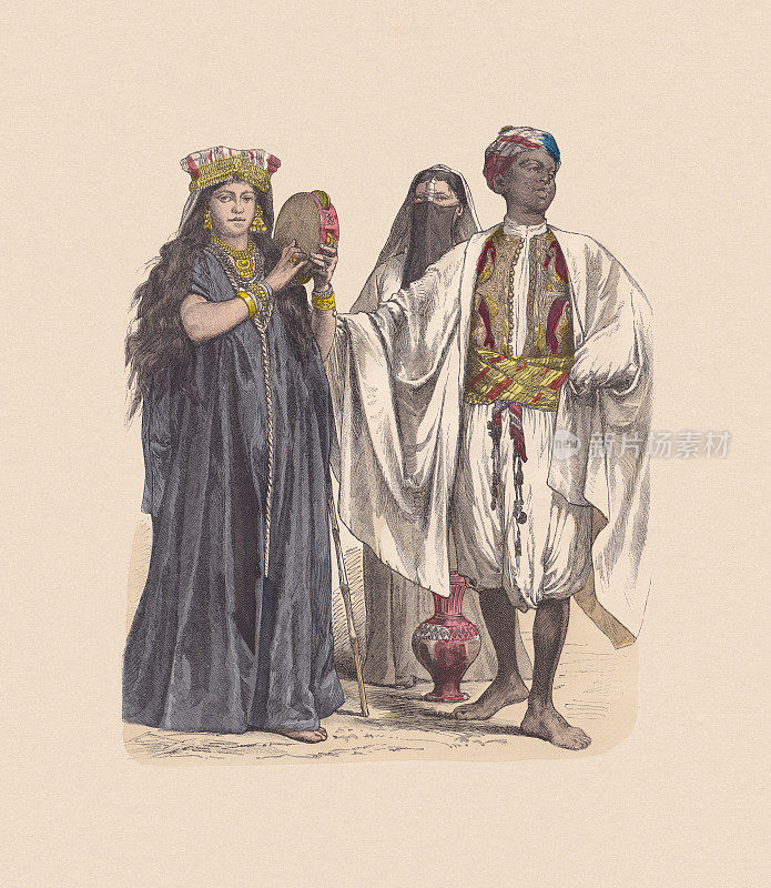 19世纪，埃及服饰，手工着色木刻，大约出版于1880年