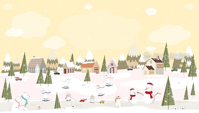 圣诞贺卡的冬季仙境风景在村庄，矢量插图背景小镇在农村与农家松树，雪人和可爱的porbear玩在外面