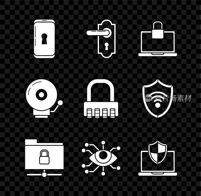 可设置智能手机带锁、门把手、笔记本电脑、FTP文件夹、眼睛扫描、防护屏、铃声和安全组合图标。向量