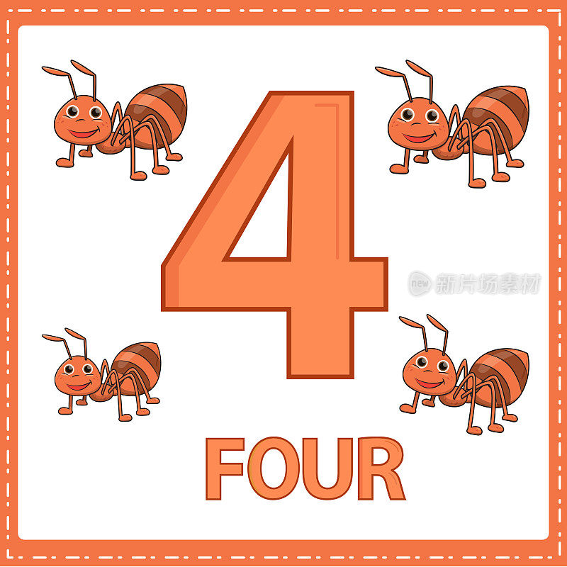 儿童数字教育插图。在动物类别中，学习用4只蚂蚁来数数字4。
