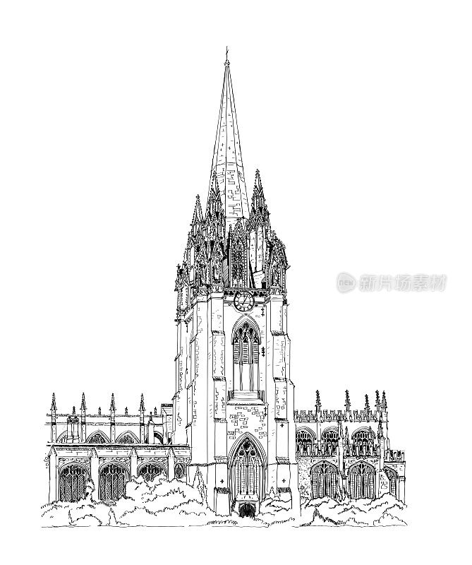 牛津大学的建筑。大学圣玛丽圣母教堂，素描。英国