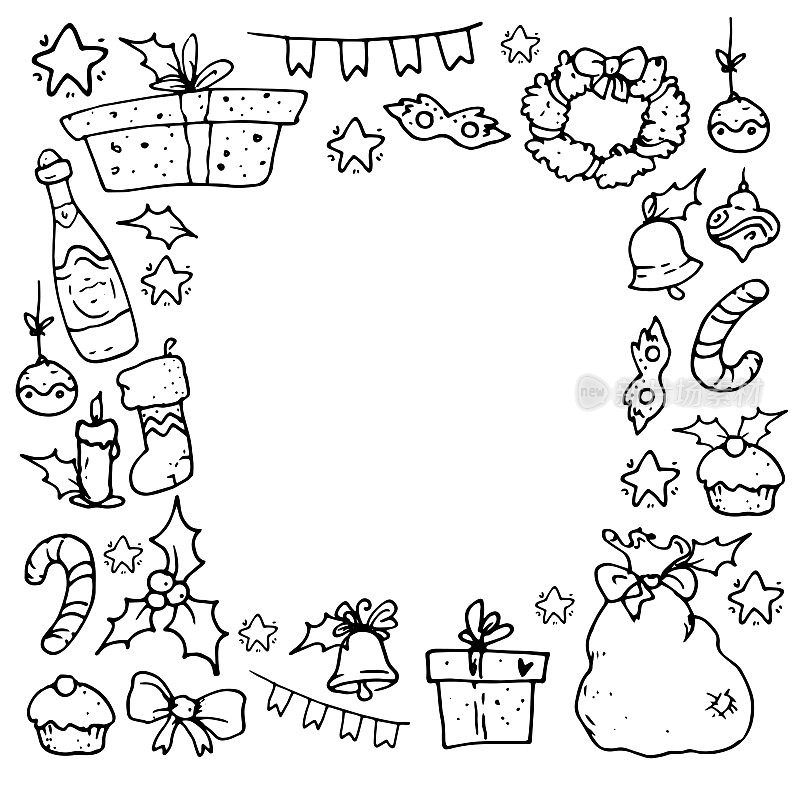 圣诞节的矢量框架。圣诞老人的包，香槟酒，冬青树，蜡烛，铃铛，花环，星星黑色的轮廓在白色的背景上，里面有一个空白的文本