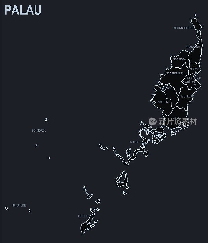 帕劳的平面地图，以黑色为背景的城市和地区