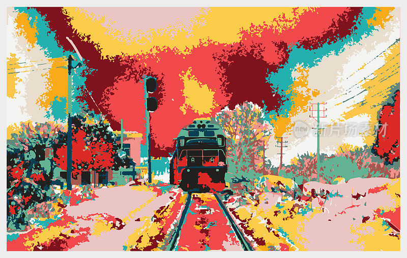 矢量彩色雕刻风格水彩画火车上的铁路主题图案，漂亮的粉彩