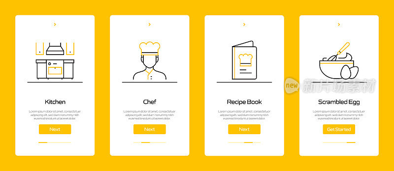 在移动应用页面上使用扁平图标的烹饪概念。用户体验，UI设计模板矢量插图