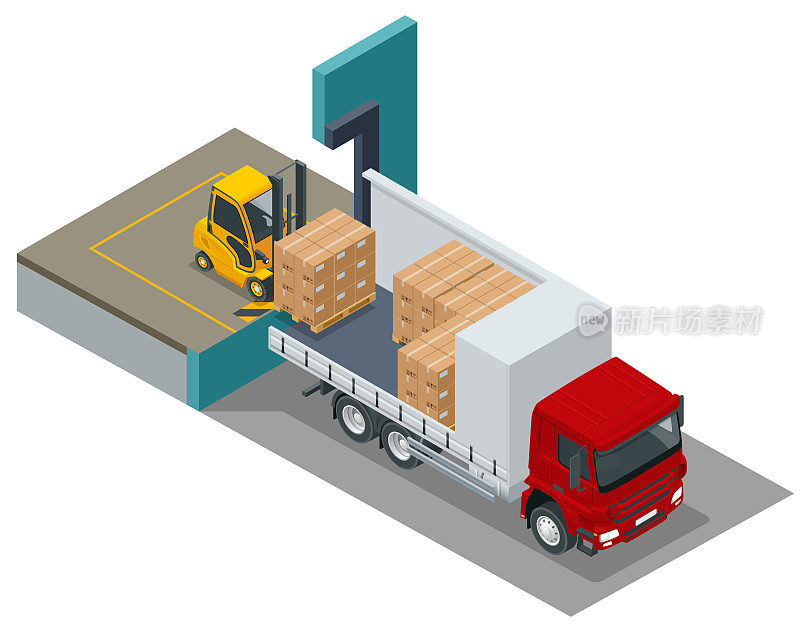 等距物流和交付概念。送货回家和办公室。物流，仓库，货运，货物运输。存储货物。