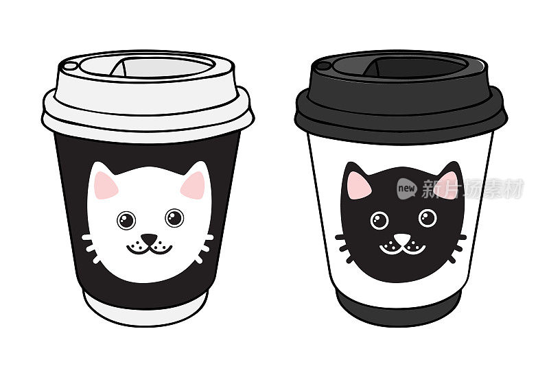 纸杯上装饰着可爱的猫脸。在活动、猫展、爱猫人士和动物咖啡馆用的饮料杯。咖啡要走。热饮带走了概念。在你的咖啡馆里设计