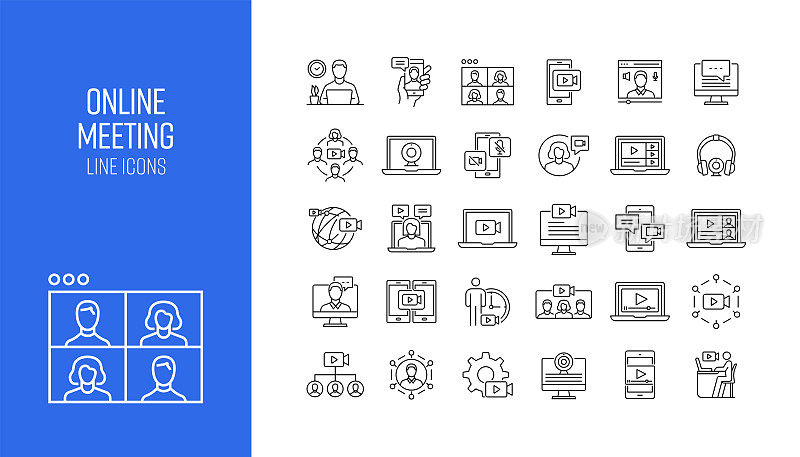 一组在线会议和视频通话的线路图标。大纲符号集合