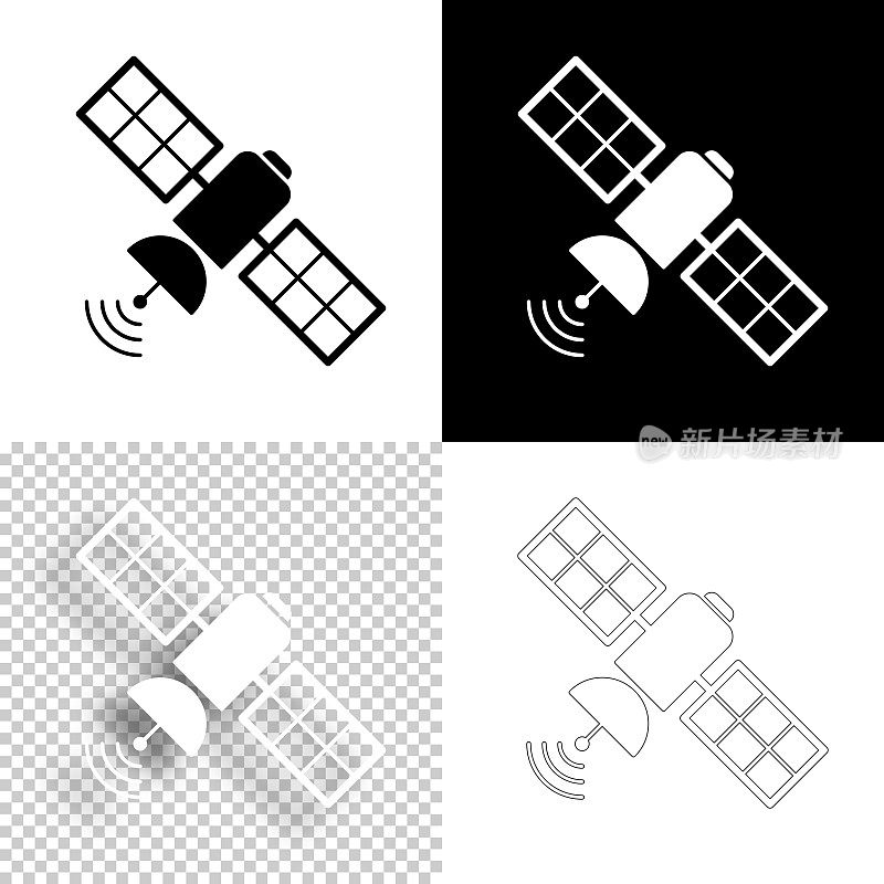 卫星。图标设计。空白，白色和黑色背景-线图标