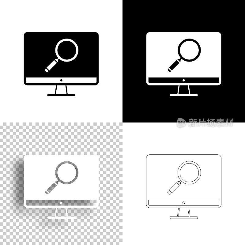 台式电脑上的放大镜。图标设计。空白，白色和黑色背景-线图标