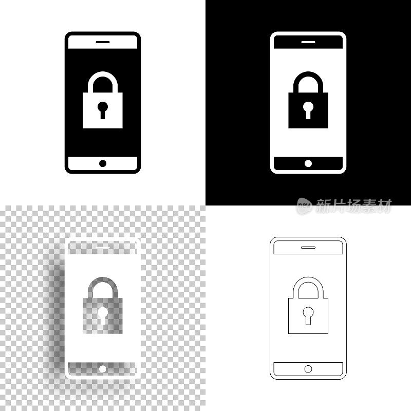 智能手机用挂锁。图标设计。空白，白色和黑色背景-线图标