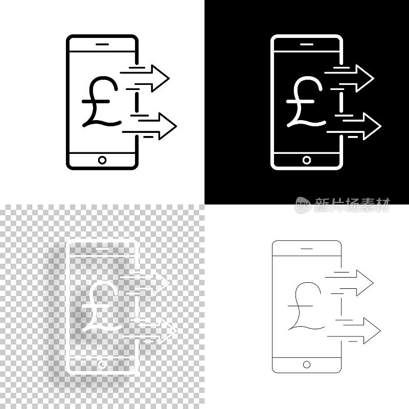 用智能手机发送庞德。图标设计。空白，白色和黑色背景-线图标