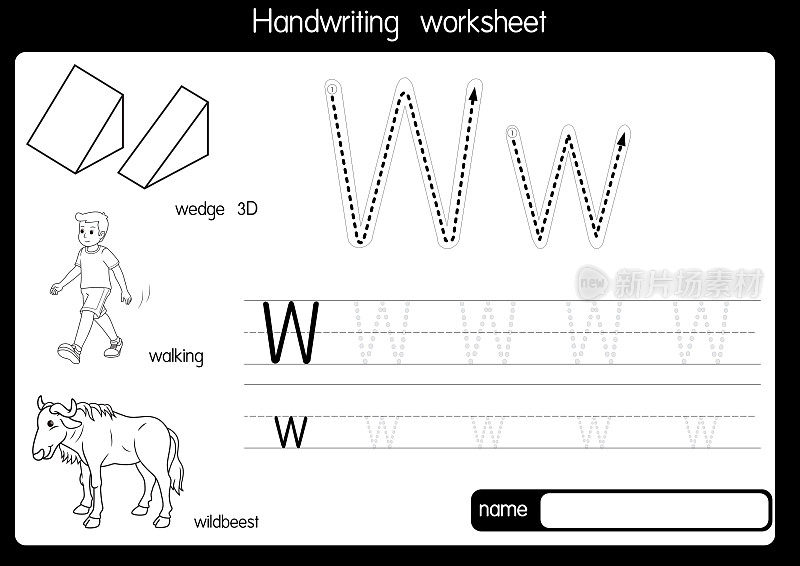 用字母W大写字母或大写字母为儿童学习练习ABC