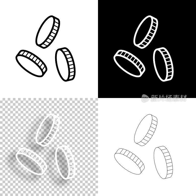 硬币下降。图标设计。空白，白色和黑色背景-线图标