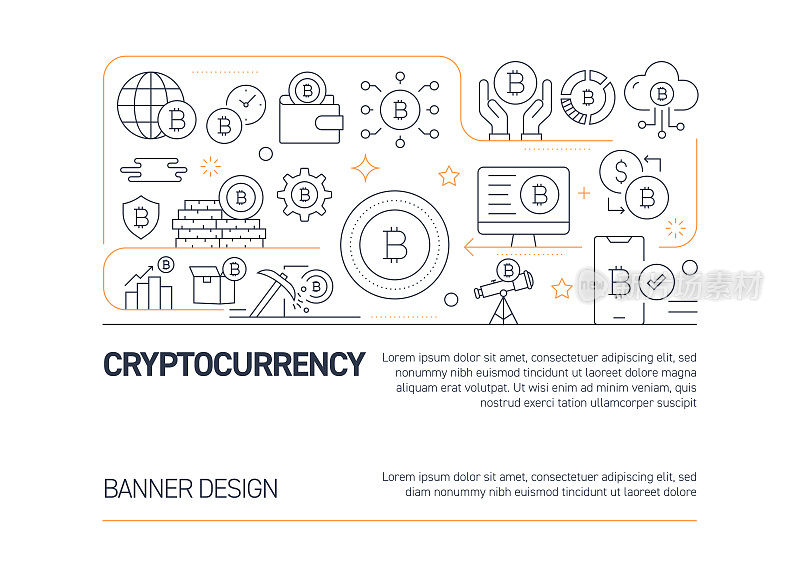 加密货币相关矢量旗帜设计概念，现代线条风格与图标