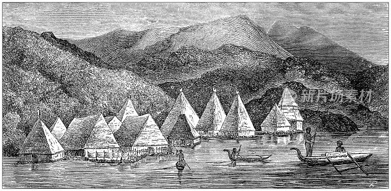 古董插图,民族志和土著文化:新几内亚,洪堡湾
