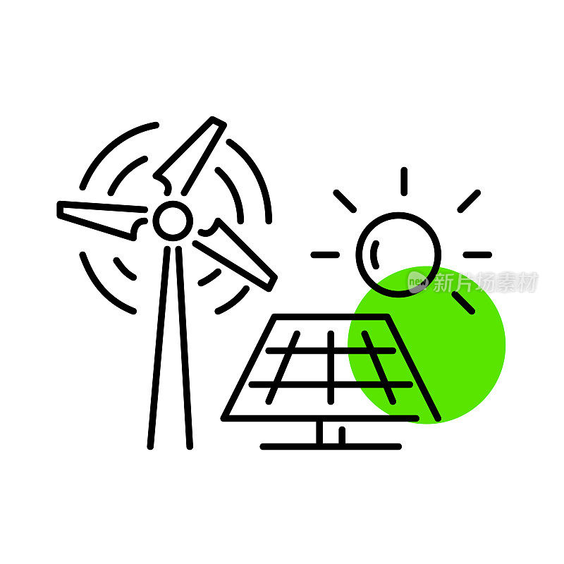 替代能源。风车和太阳能电池板。可持续发展的可再生能源。像素完美，可编辑的笔画线艺术图标