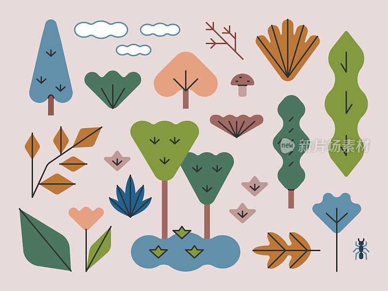 林地树木和植物-亮线系列