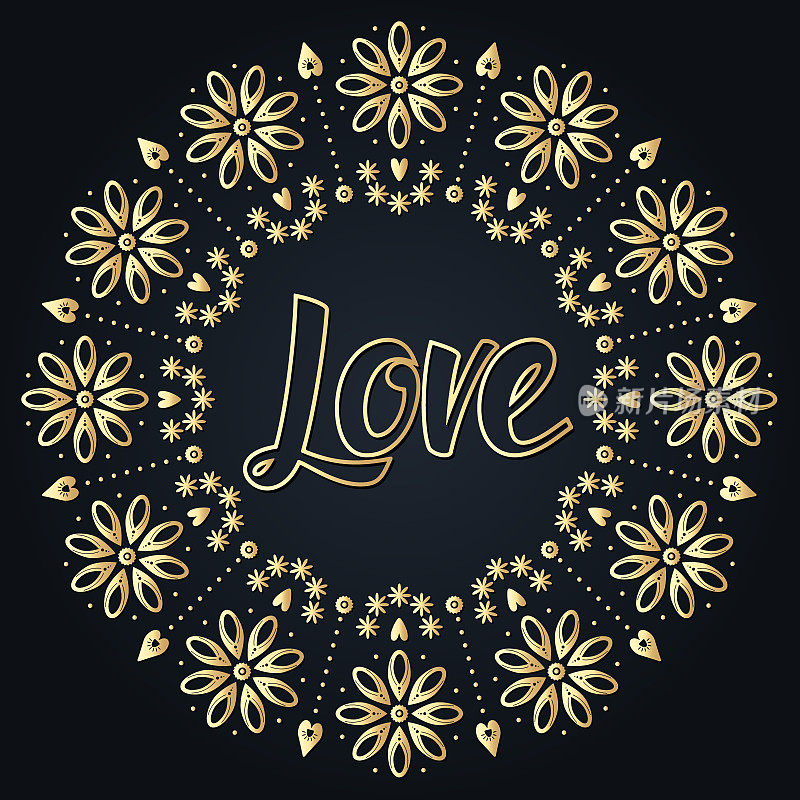 用花做成的花圈，在花圈中央写上爱的话语。情人节卡片。
