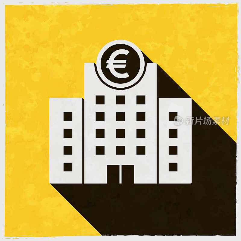 有欧元标志的银行。图标与长阴影的纹理黄色背景