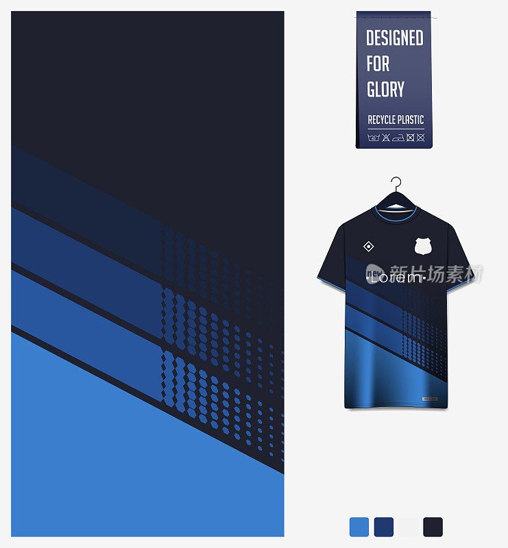 足球球衣图案设计。六角形图案，深蓝色背景，适用于足球套装，足球套装或运动服。t恤模型模板。结构模式。抽象的背景。