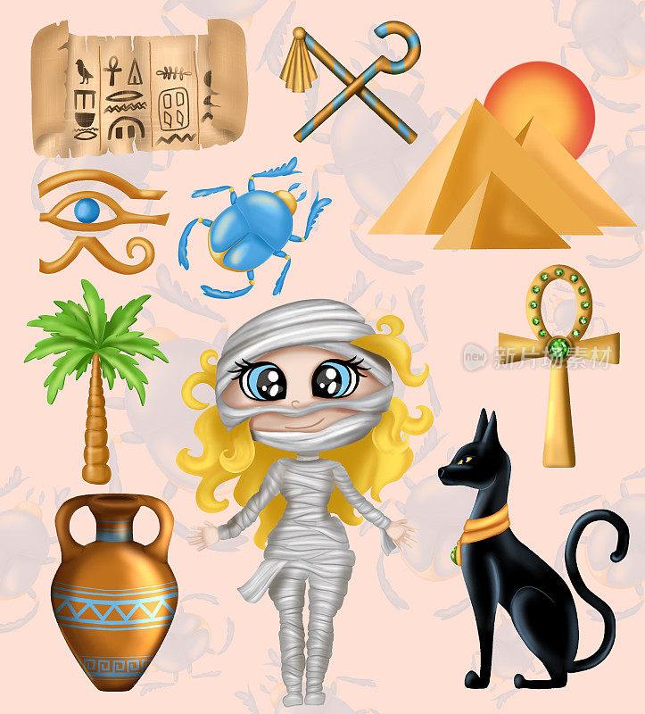 矢量图像，一个女孩打扮成木乃伊，万圣节服装，古埃及属性，万圣节图片，背景，蓝色的圣甲虫