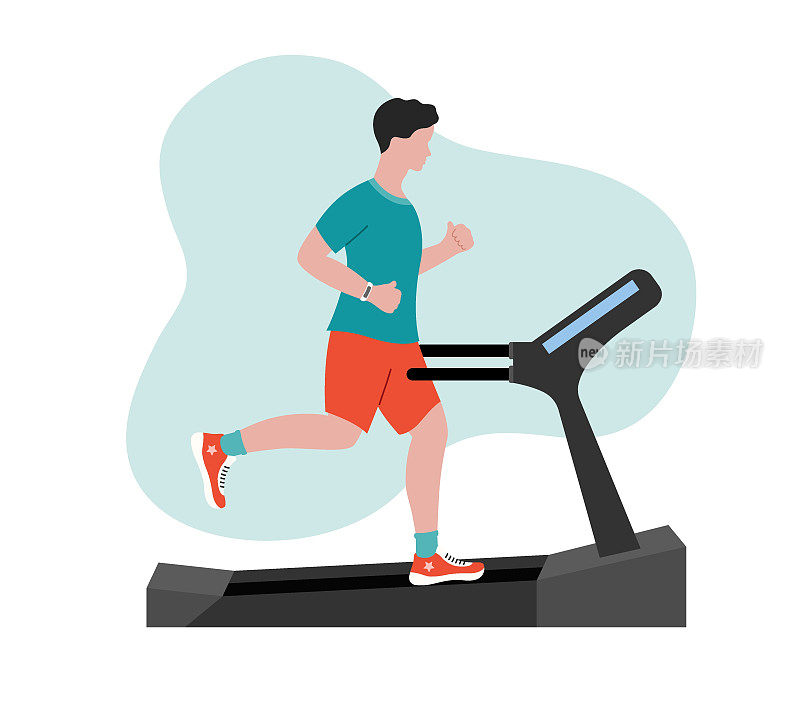 在跑步机上跑步的人。在健身器材上慢跑的运动员。耐力有氧跑步训练。平面向量插图