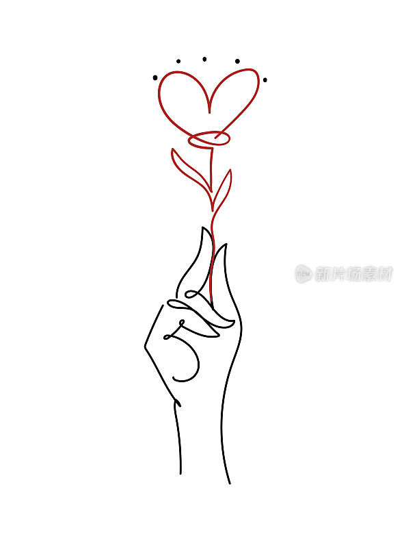 一个人的手握着一颗心型的花，这是一幅有连续线条的素描。浪漫爱情、生态和保护地球、关爱自然、家庭和怀孕的理念。矢量现代图标孤立。