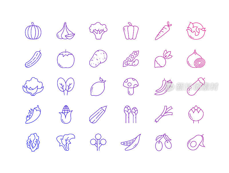 简单的蔬菜相关矢量细线图标集合。大纲符号集合。