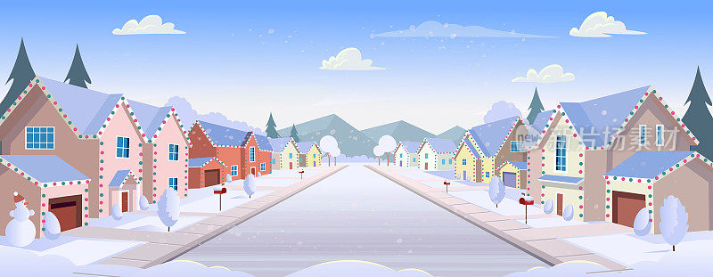 郊区的房子，冬天有车库的街道。一条满是白树的房子的街道和一条隐约可见的道路。村庄。卡通风格的矢量插图。