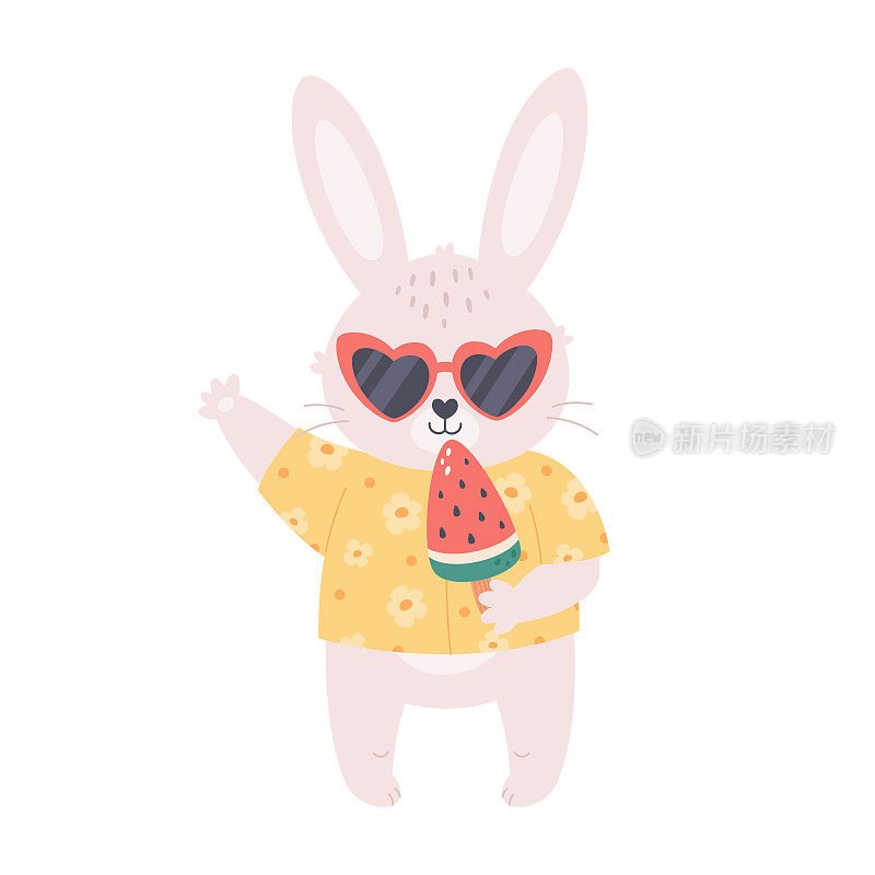 可爱的小白兔戴着眼镜，手拿着西瓜冰淇淋。你好夏天，暑假，夏天的时间。手绘矢量插图