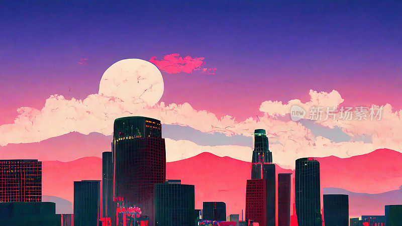 洛杉矶动画天际线，月亮漂浮在上面