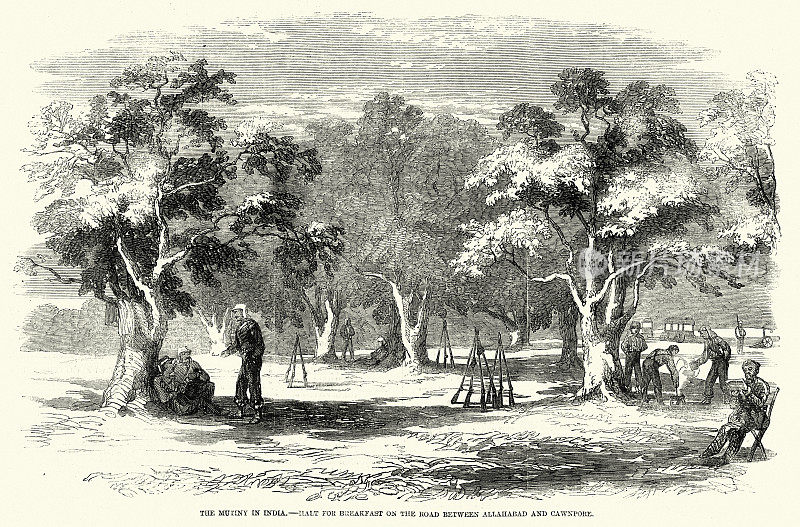 1858年印度兵变，英国士兵在阿拉哈巴德和坎普尔之间的路上休息