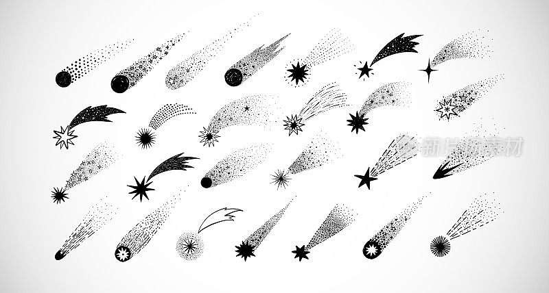 收集涂鸦彗星，陨石和流星在白色背景。向量速写插图。