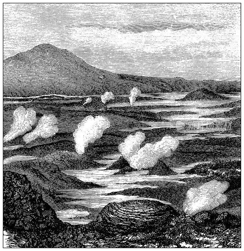 古董插图，地质学:罗托鲁瓦，新西兰