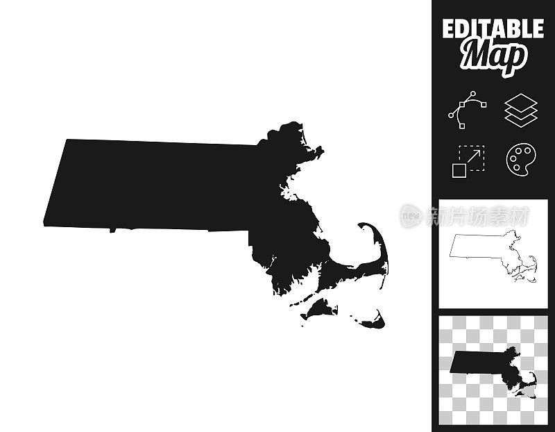马萨诸塞州地图设计。轻松地编辑