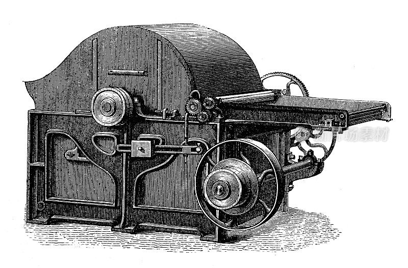 古董插图，应用机械和机器，纺织工业:洗涤和精梳羊毛的机器