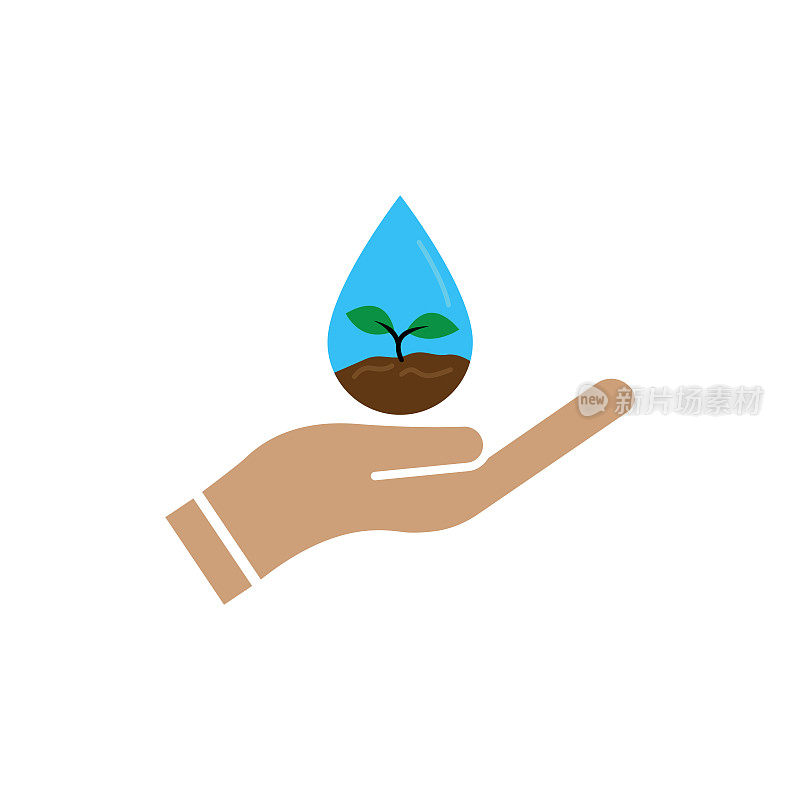 手平面图标与水滴和植物。简单的设计可编辑。设计模板向量