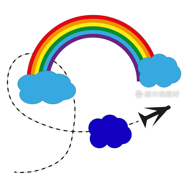 彩虹云平面梦幻风格。旅游交通的概念。矢量插图。股票的形象。