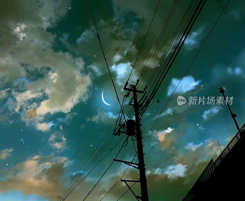 单色剪影背景插图云，新月和电线杆在傍晚的天空