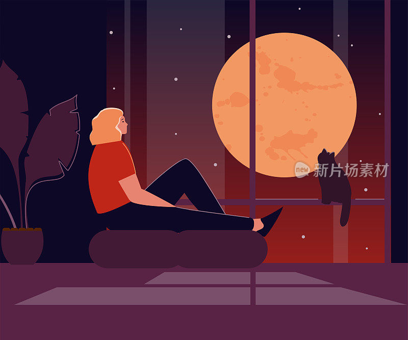女孩在窗边看着大月亮。孤独或失眠矢量插图