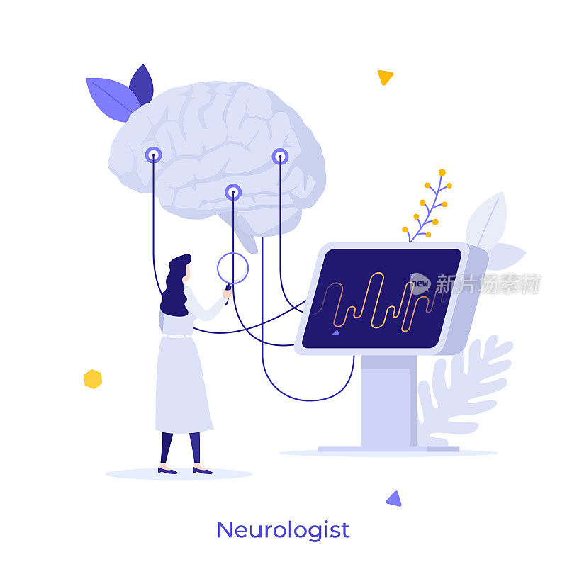 神经学家、神经科学家、内科医生用脑电图指示看大脑连接显示。神经学概念，神经科学，脑电图。现代平面彩色矢量插图。