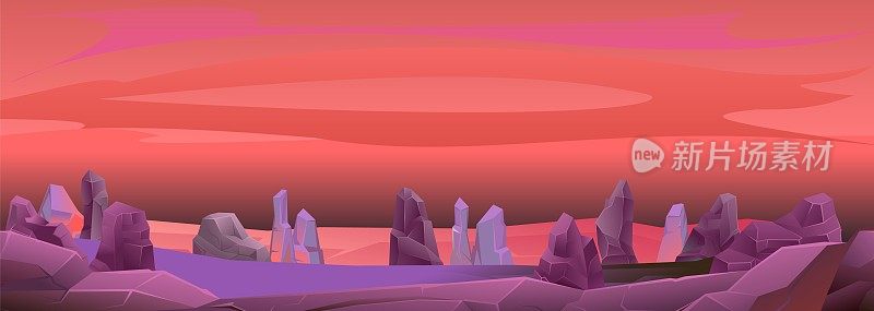 外星人红日。岩石峭壁石头。景观山区。天然陆地沙漠。无缝合成。卡通风格的插图。向量。