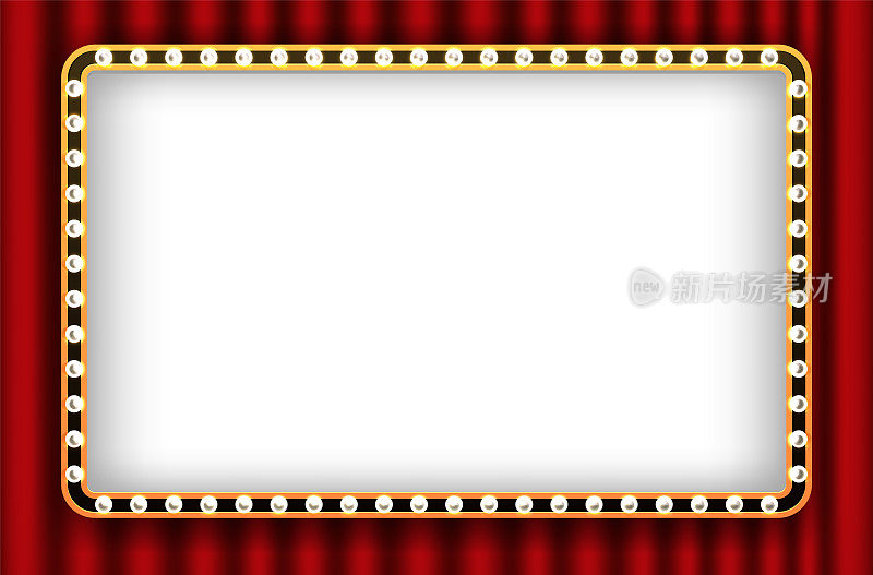 复古剧场招牌模型。红色窗帘背景上的灯泡框架