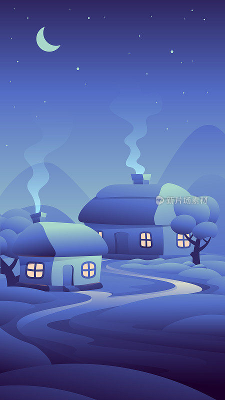 美丽的传统乡村房屋。冬夜冬村垂直插画。