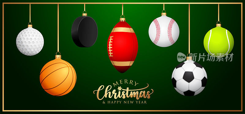 体育圣诞球-贺卡-足球，篮球，棒球，网球，高尔夫球，足球，曲棍球装饰-矢量