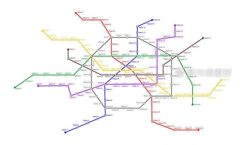 地铁地图上有许多彩色的线路和车站。地铁方案模板。公共快速地下交通网络信息图