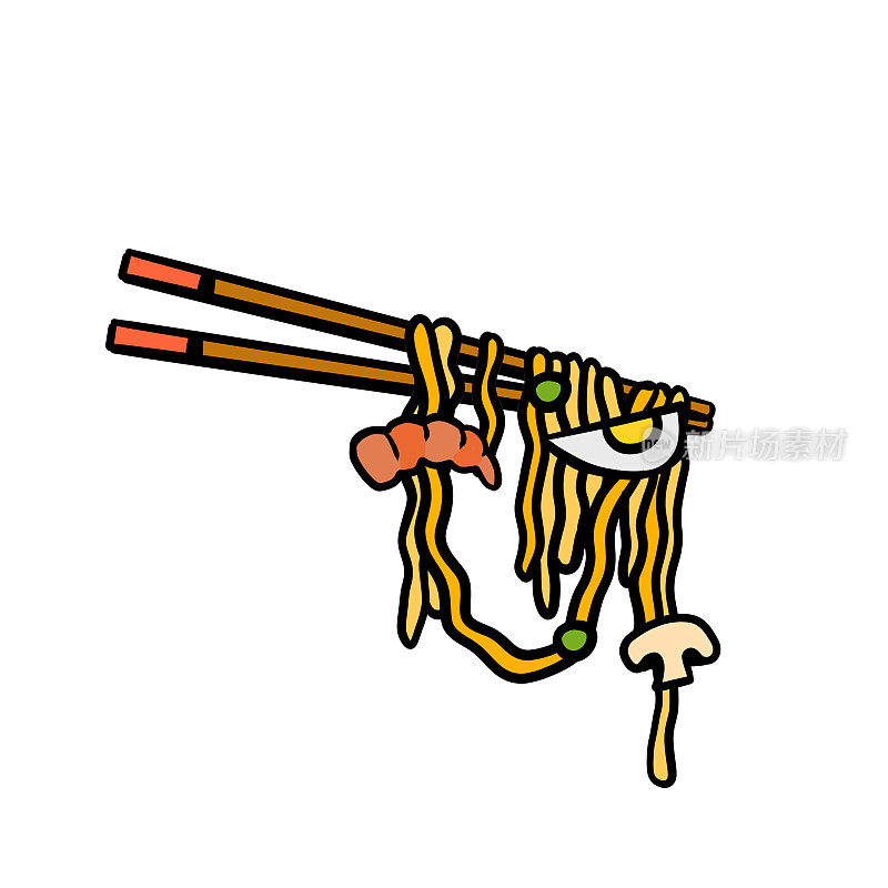 拉面和木棍。用筷子夹长意大利面。亚洲日本菜和中国菜。虾、鸡蛋和香菇