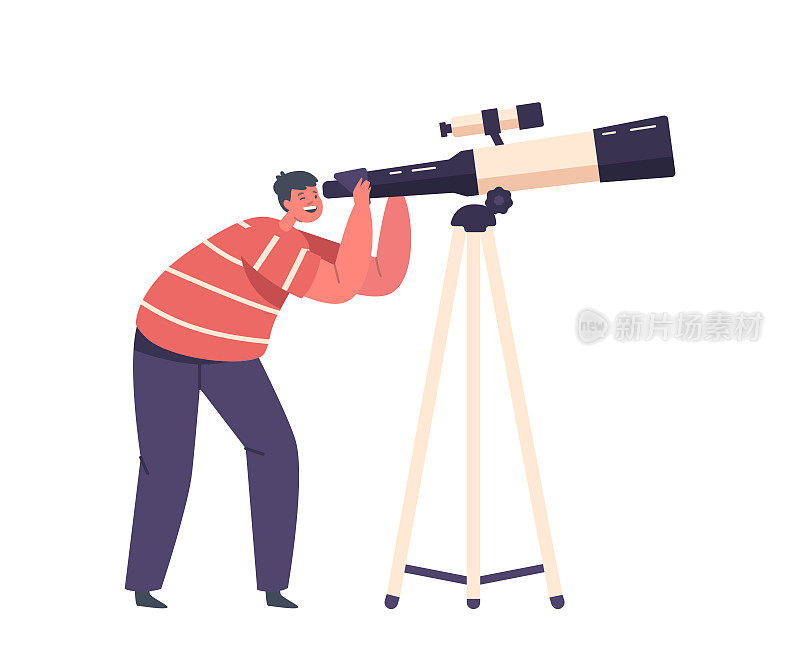 太空观察爱好，好奇的男孩在白色背景的望远镜里看。学习天文科学的孩子